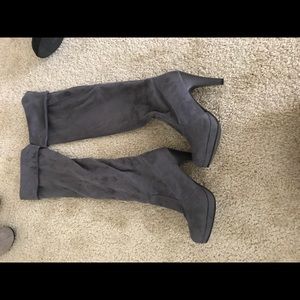 Over the knee dark gray suede heel boots